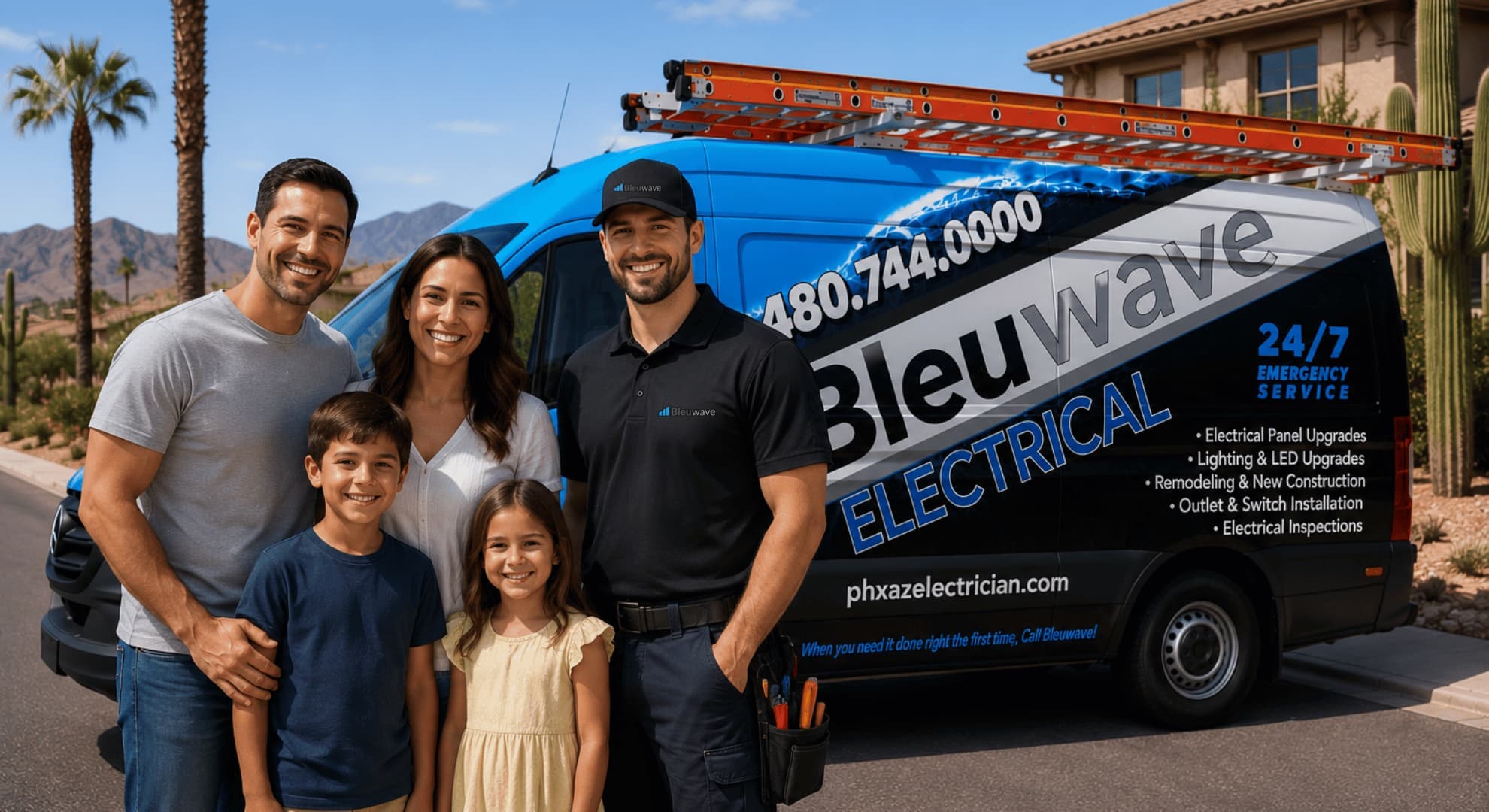 Bleuwave Electrical technician with a happy Phoenix family in front of the service van