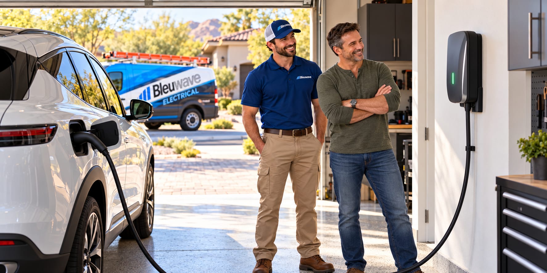 Bleuwave technician with a homeowner beside a newly installed wall-mounted EV charger