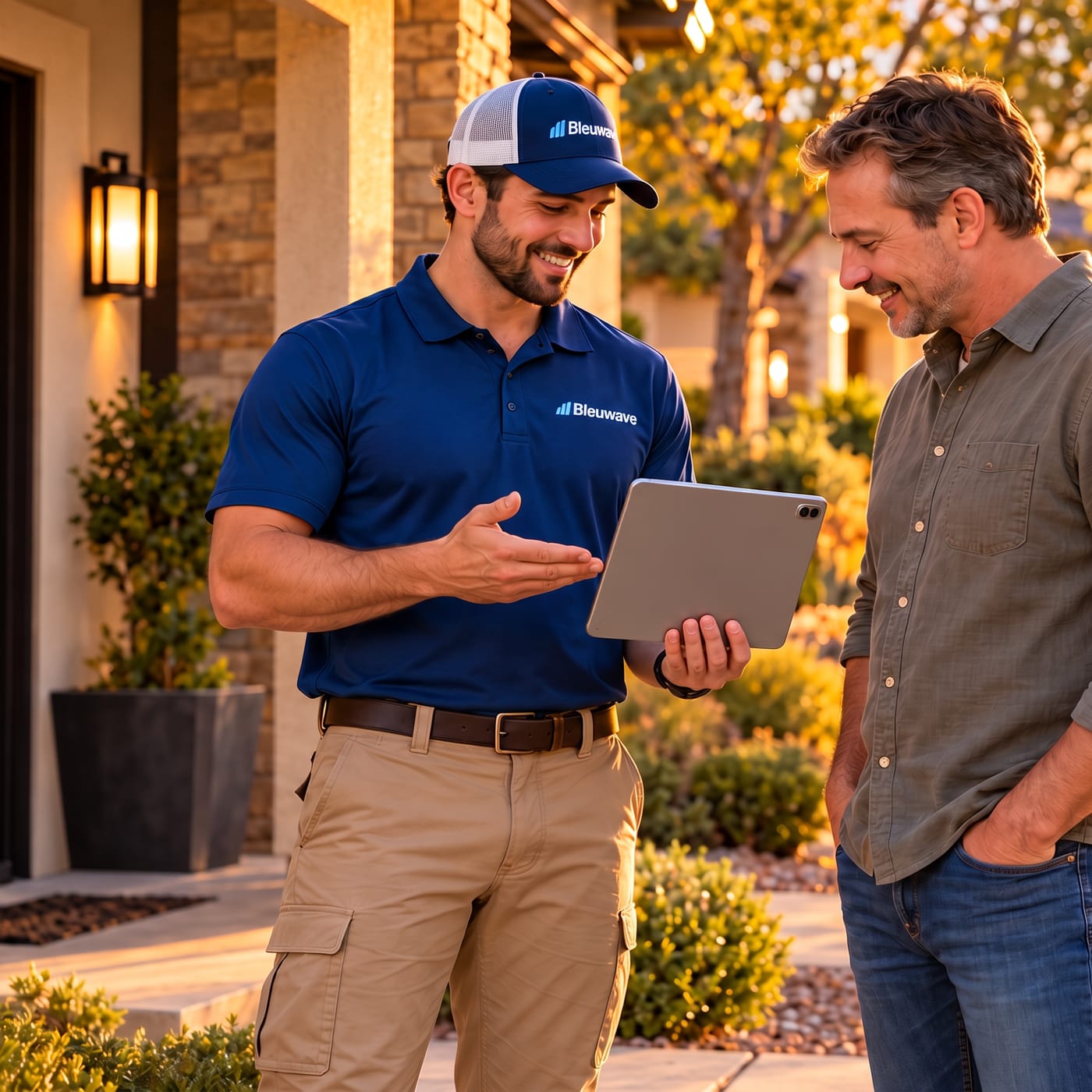 Bleuwave electrician reviewing an upfront quote on a tablet with a Phoenix homeowner