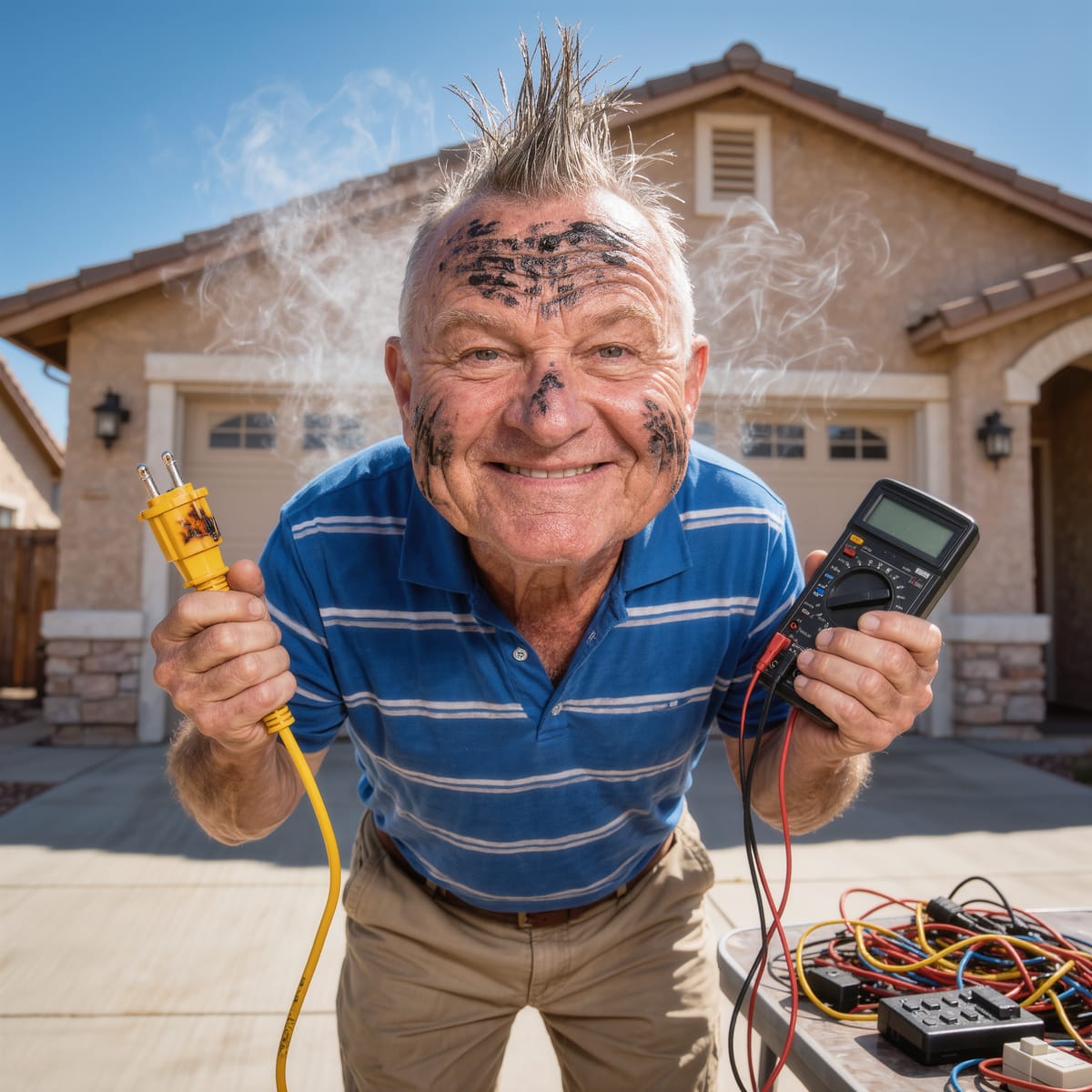 A smiling homeowner with singed, standing-up hair after a DIY electrical project went wrong