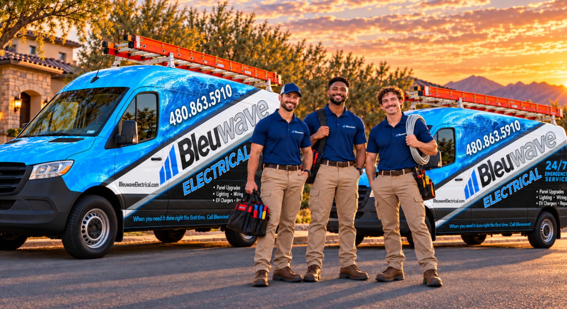 Three Bleuwave Electrical technicians in front of their branded service vans at sunset in a Phoenix neighborhood