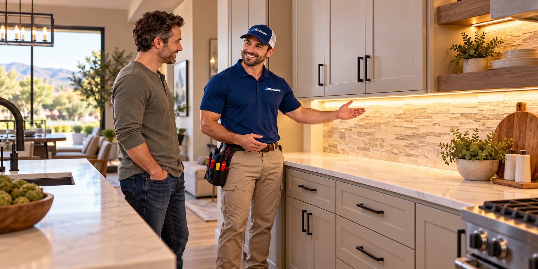 Electrician showing a homeowner new under-cabinet kitchen lighting