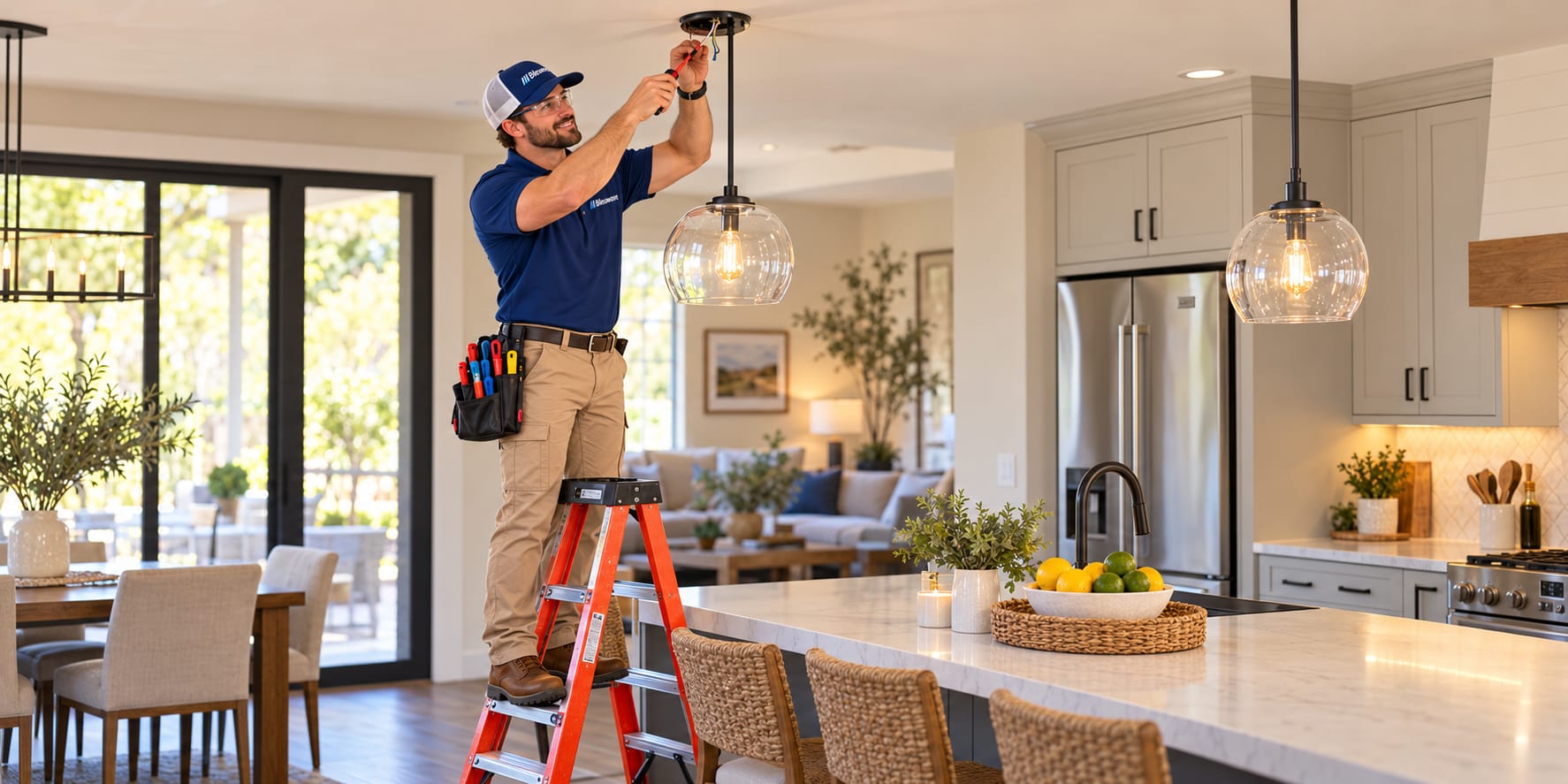 Bleuwave electrician installing pendant lighting in a modern Phoenix kitchen