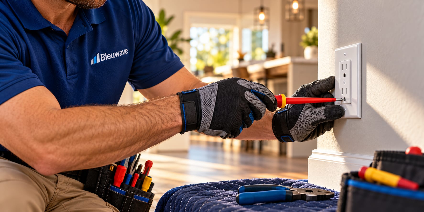 Gloved electrician repairing a wall outlet