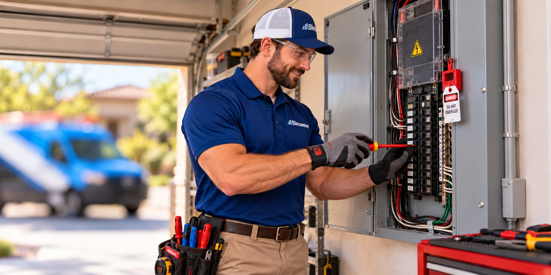 Electrician servicing an open breaker panel in a garage