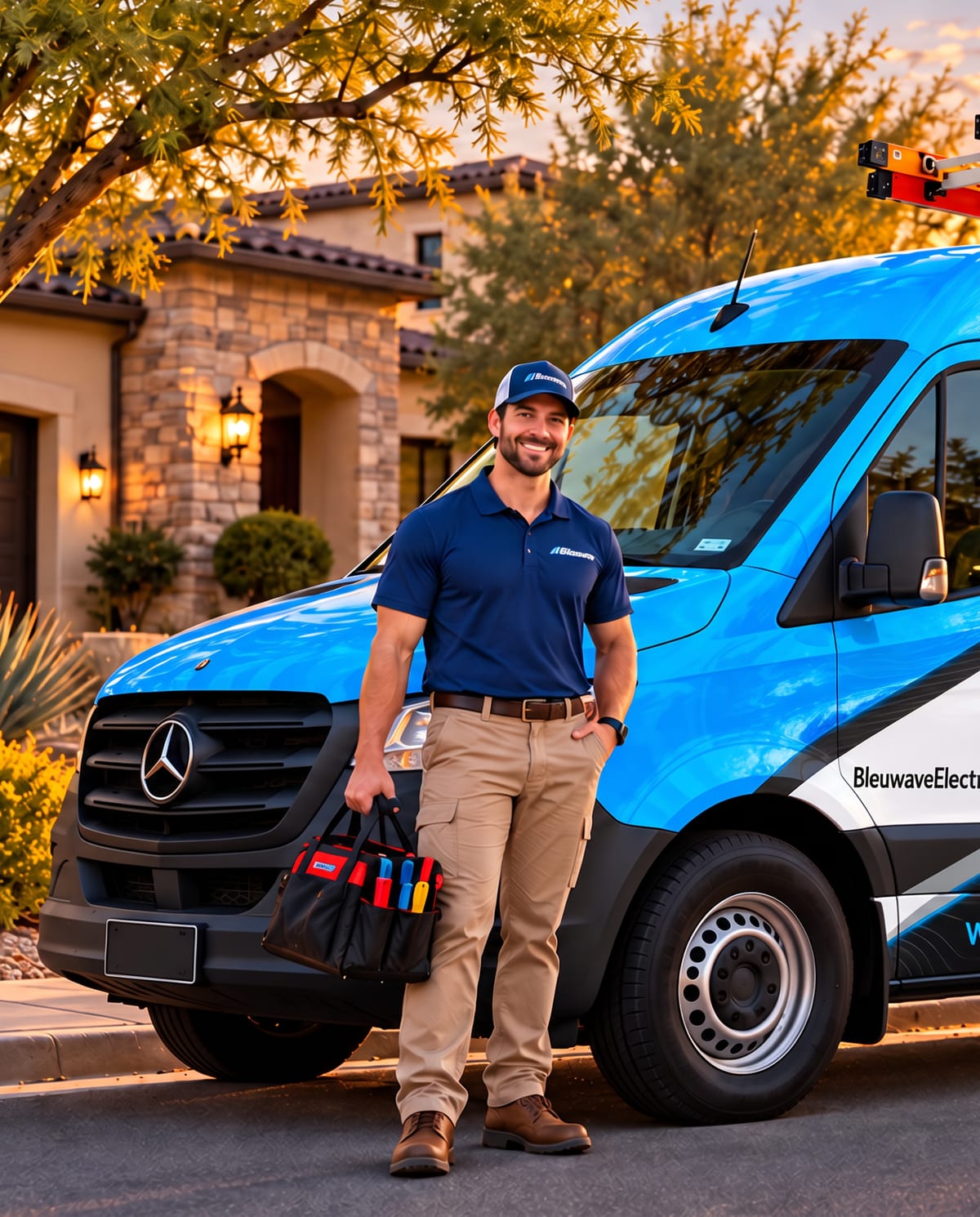 Bleuwave Electrical technician beside his service van on a Phoenix street at sunset